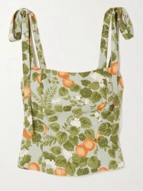 Reformation Green Floral Tie-Shoulder Camisole with Orange Fruit Print